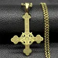 Golden inverted cross necklace with star engraving on black leather background - Gold