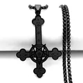 Macro detail of black gothic inverted cross necklace with pentagram and ornate engraving - Black