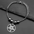 Details zum Gothic Edelstahlarmband mit Pentagramm-Anhänger, Ziegenkopf und Box-Kette - Silber