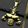 Polished gold stainless steel muscular bull pendant necklace with box chain for men - Gold