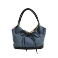 Blue canvas bow tote bag with black leather stitching and large capacity handles - Blue