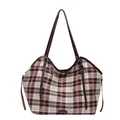 Große Shopper-Tasche aus Segeltuch mit rosa Karomuster und braunen Lederriemen - Rosa Gitter