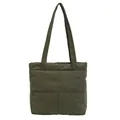 Detail of army green quilted tote bag showing padded fabric and grid stitching patterns - Green