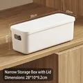 White narrow plastic storage bin with lid and cutout handle for shelf organization - Thickened Small Narrow White With Lid