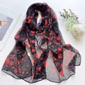 Lightweight silk-feel black long scarf with elegant red floral print for women - Quicksand Rose Black Red