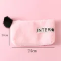 Rosa Plüsch-Federmäppchen mit schwarzem Pompon und Panda-Etikett, 24 cm großes Etui - Flaches Rosa Plüsch-federmäppchen
