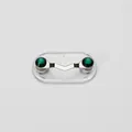 Silver V-shaped magnetic glasses holder brooch with two faceted dark green gemstones - Upgraded / Emerald