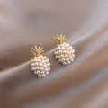 Franse retro ananas oorknopjes met parels en gouden bladeren op zijde - Ananas Vorm Goud Parel Oorknopjes