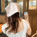Floral print hair kerchief with white lace trim and pink ribbon bow detail - Pink Floral Lace Edge Headscarf