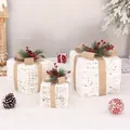 Set of 3 white wicker LED Christmas gift boxes with pine cones and burlap bows decor - Large Medium Small Combination / White