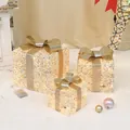Three-piece set of cream LED glowing Christmas gift boxes with champagne gold bows - Luminous Cream Weave Style (K20B-251) / Large Medium Small Combination / Off White