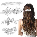 Silver 4-piece hair clip set with marquise glass rhinestones and floral pearl designs - 4-Piece Style 14