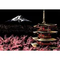 Cuadro de arte para raspar con el Monte Fuji y la pagoda de noche con flores de cerezo - Monte Fuji