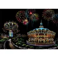 Colorful scratch art paper showing amusement park carousel and fireworks in city night - Amusement Park