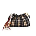 Mini plaid bucket bag in navy blue and beige featuring a decorative tassel charm - Checkered Brown With Pendant