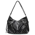 Schwarz-weiße Polka-Dot-Hobo-Tasche mit zwei vertikalen Reißverschlüssen und Tragegriffen - Schwarz