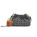 Mini black and white checkered drawstring bucket bag with bow print and plush bear charm - Black Argyle With Pendant