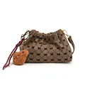 Mini bolso cubo de cuadros con bordado de lazo negro y colgante de oso marrón - Rejilla Diamante Marrón Sin Colgante