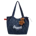 Blaue Canvas-Tasche mit Leopardenmuster, Beach-Schriftzug und Plüschbär-Anhänger - Mit Anhänger / Blau mit Anhänger