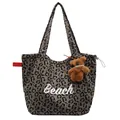 Graue Canvas-Einkaufstasche mit Leopardenmuster, Beach-Schriftzug und Teddybär-Anhänger - Mit Anhänger / Hellbraun Mit Anhänger