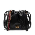 Classic black leather drawstring bucket bag with gold logo and vintage key charm detail - Black
