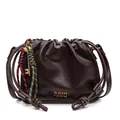 Retro dark brown leather bucket bag with drawstring closure and gold key pendant - Coffee