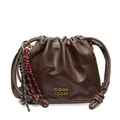 Retro dark brown leather drawstring bucket bag with gold logo and bicolor knot detail - Brown