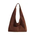 Retro Maillard brown suede shoulder bag in a large capacity minimalist Hobo tote style - Brown