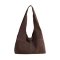 Minimalist dark brown suede hobo tote bag with wide shoulder strap and visible stitching - Khaki