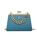 Blaue Handtasche in Straußenoptik mit goldener Kette und Sternen-Edelstein-Dekor - Blau