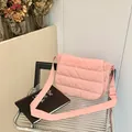 Pink quilted crossbody bag with wide shoulder strap in soft minimalist Korean style - Pink
