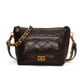 Retro dark brown quilted chain shoulder bag with gold metal twist lock in oil wax leather - Brown