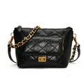 Retro black quilted crossbody bag with gold chain strap and glossy PU leather texture - Black