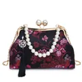 Floral embroidered black shell bag with pearl clasp, top handle, and golden chain - Vintage Embroidered Qipao Bag (901) / Black