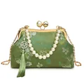 Green embroidered floral shell bag with pearl handle and silk tassel detail - Vintage Embroidered Qipao Bag (901) / Green
