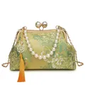 Green silk floral shell bag with large pearl clasp and long orange silk tassel - Vintage Embroidered Qipao Bag (901) / Gold