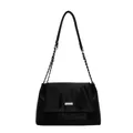 Minimalist black faux leather shoulder bag with metallic chain strap and silver logo plaque - Black