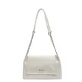 Chic beige leather shoulder bag with silver chain strap and metal logo flap closure - Off-white