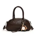 Dark coffee brown bowling bag with synthetic leather texture and baseball charm - With Pendant / Coffee