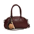 Retro deep burgundy leather bowling bag with baseball glove pendant and silver hardware - With Pendant / Brown