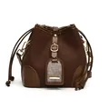 Dunkelbraune Eimer-Tasche mit Leoparden-Patchwork, Kordelzug und Gold-Elementen - Braun