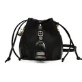 Modische schwarze Bucket Bag mit Leoparden-Patchwork, Kordelzug und goldenen Beschlägen - Schwarz