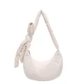 Quilted cream beige half-moon bag with decorative bow and adjustable strap for women - White With Pendant