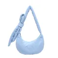 Quilted light blue crescent bag with large decorative bow on the adjustable shoulder strap - Blue with Pendant