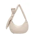 Beige quilted dumpling bag with adjustable strap and decorative bow detail - Khaki With Pendant