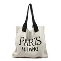 Bolso tote de punto beige con letras negras de París y Milán y correas de hombro - Blanco