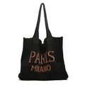 Bolso tote de punto negro con letras Paris Milano naranjas y textura de tejido retro - Negro