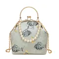 Pale green Chinese embroidery handbag with pearl handle and golden chain strap - Gray