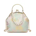 Beige floral embroidery handbag with gold metal handle and large pearl strap - Pink