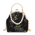 Vintage embroidered crossbody bag in black fabric with bamboo pattern and pearl strap - Black
